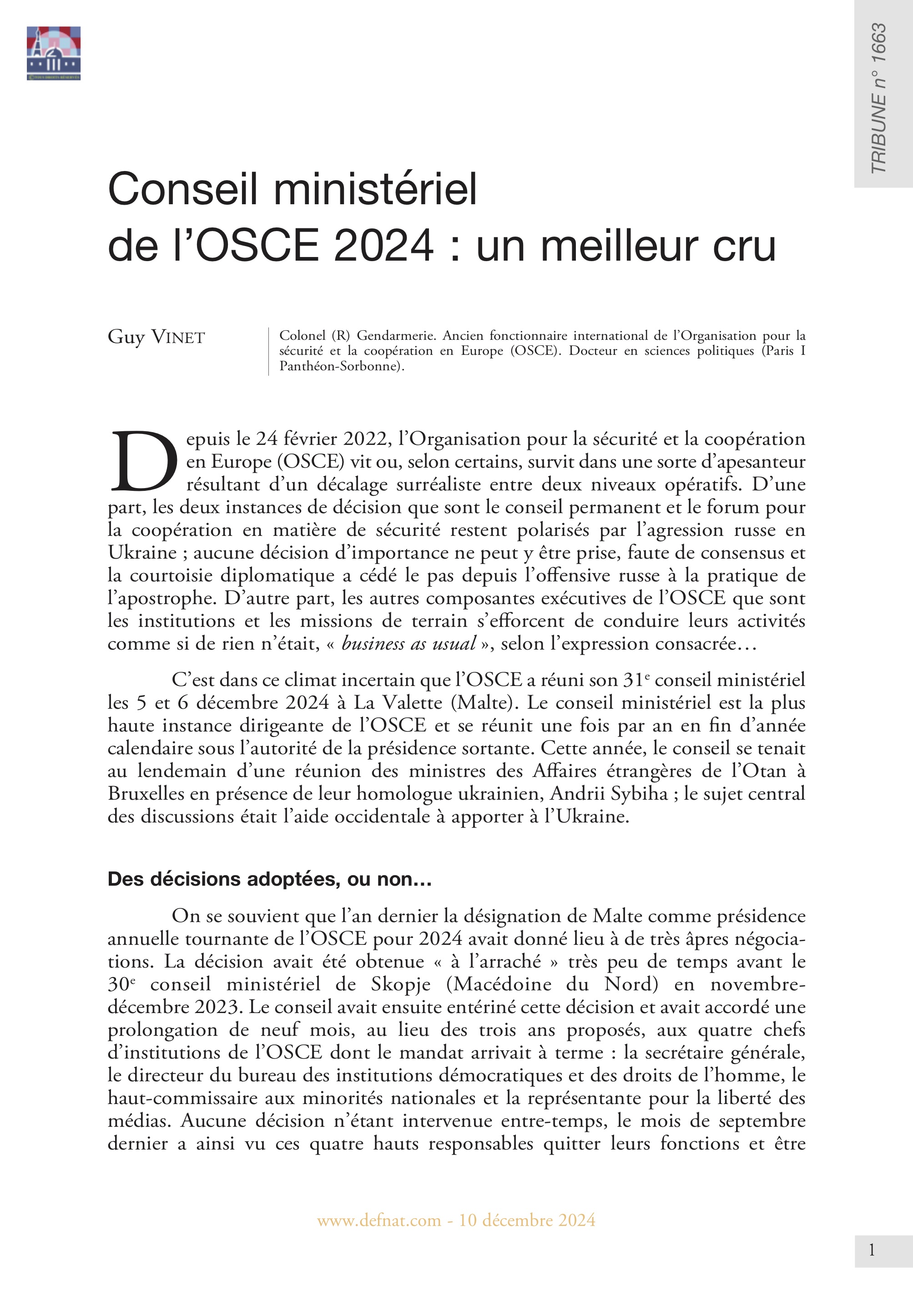 Conseil ministériel de l’OSCE 2024 : un meilleur cru (T 1663)
